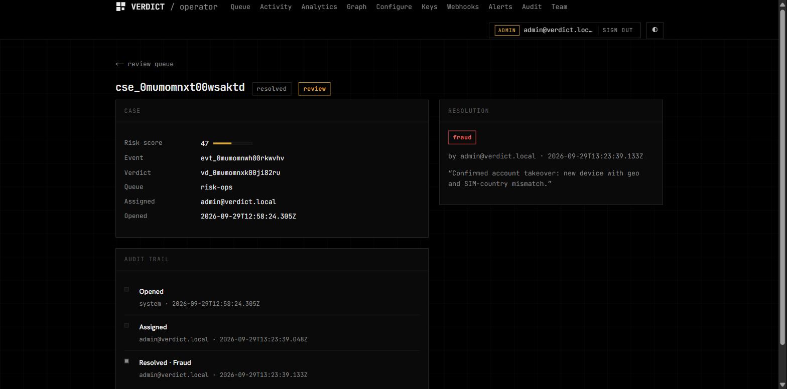Case detail with risk score and resolution